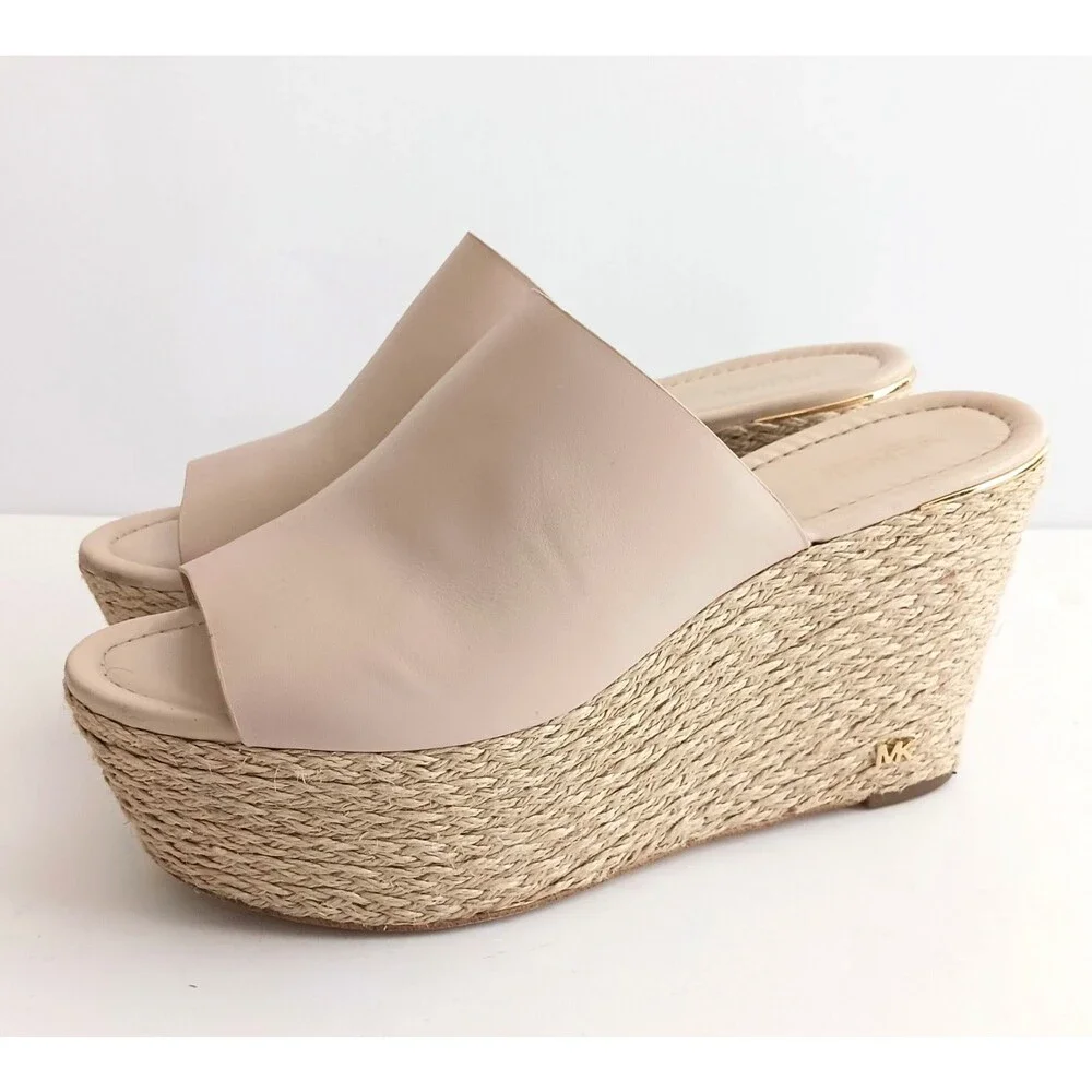 Michael Kors Cunningham Platform Wedge Lt Pink Leather Jute Logo Heel 9.5M